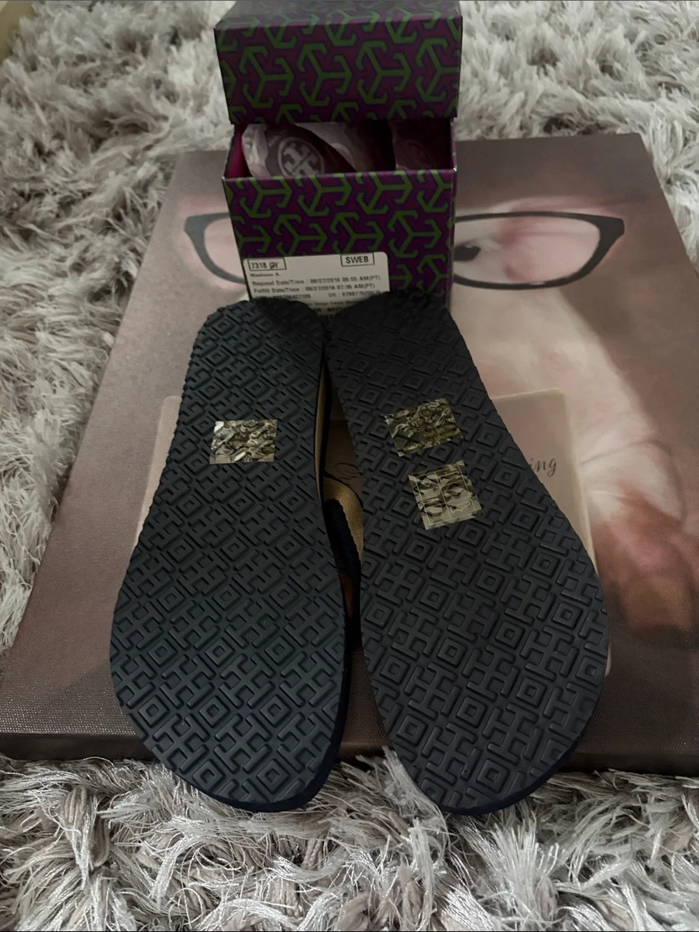 Tory Burch Navy and Tan Logo Flip Flop Sandals